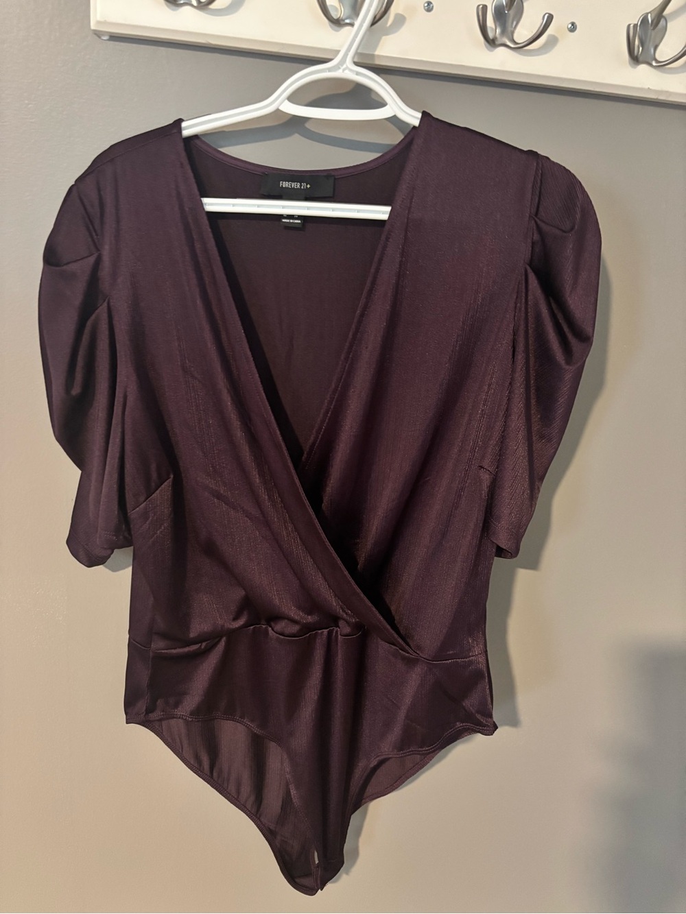 Forever 21 Plum Wrap-Front Bodysuit with Puff Sleeves